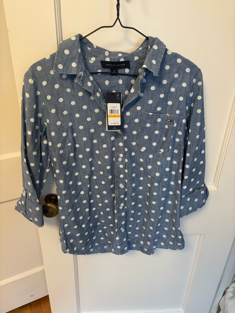 Tommy Hilfiger Chambray Denim And White Polka Dot Button Down